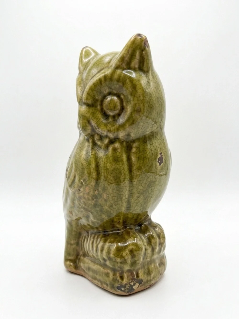 Vintage Mid Century Green Crackle Glaze Ceramic Owl Figurine